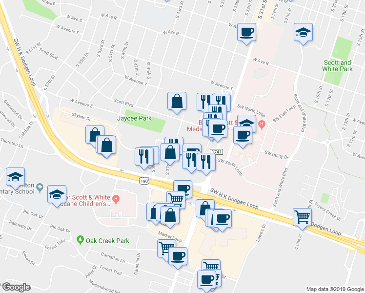 map of restaurants, bars, coffee shops, grocery stores, and more near 2505 South 37th Street in Temple
