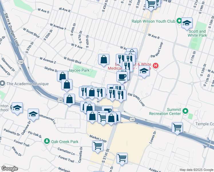 map of restaurants, bars, coffee shops, grocery stores, and more near 2505 South 37th Street in Temple