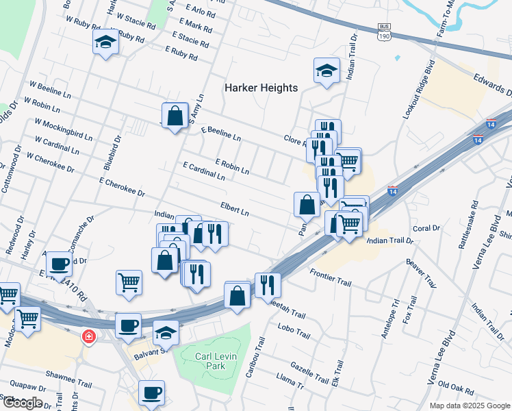 map of restaurants, bars, coffee shops, grocery stores, and more near 407 Elbert Lane in Harker Heights