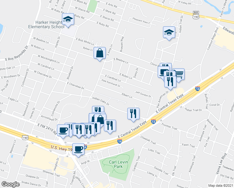 map of restaurants, bars, coffee shops, grocery stores, and more near 331 East Cherokee Drive in Harker Heights