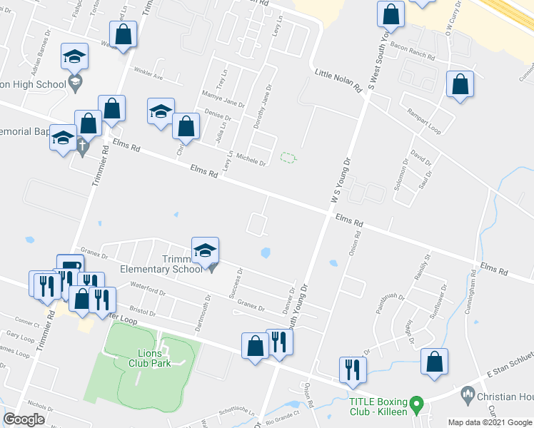 map of restaurants, bars, coffee shops, grocery stores, and more near 4103 Elms Run Circle in Killeen