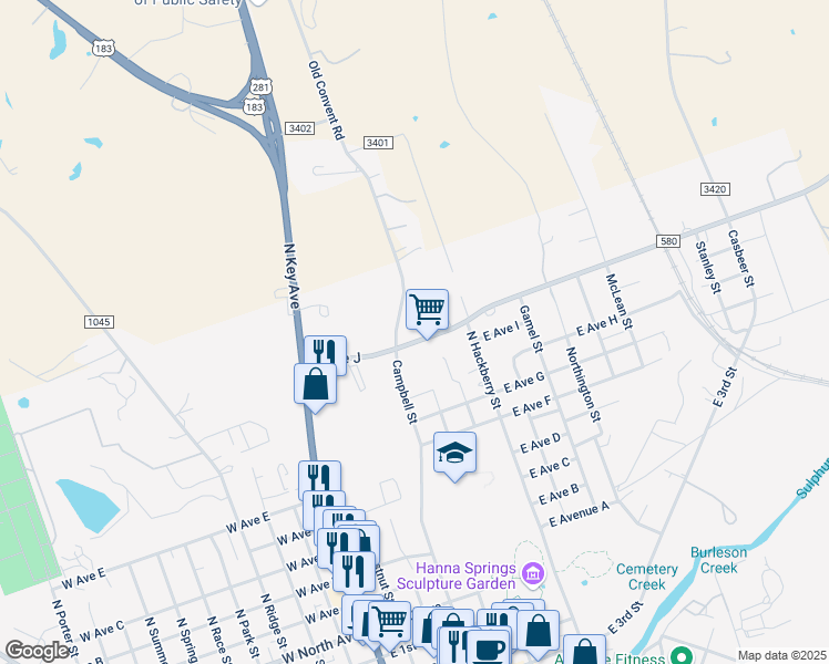 map of restaurants, bars, coffee shops, grocery stores, and more near 1101-1103 Old Convent Road in Lampasas