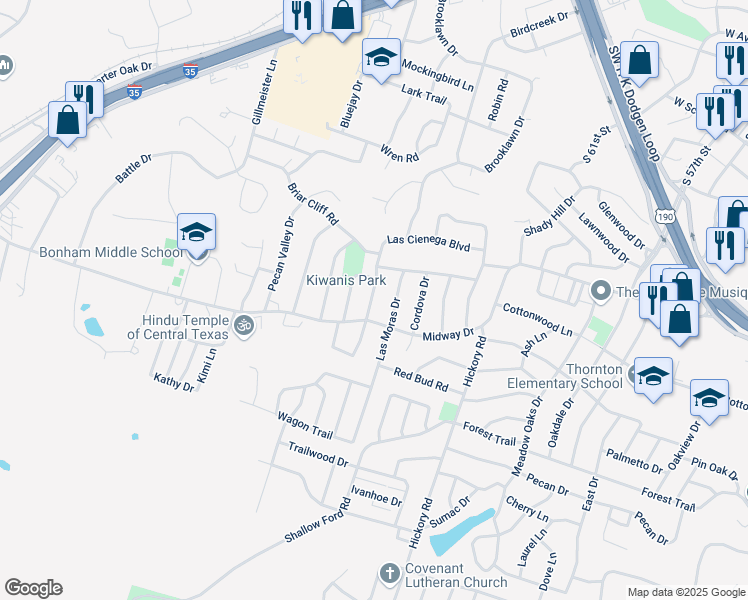 map of restaurants, bars, coffee shops, grocery stores, and more near 3201 El Capitan Drive in Temple