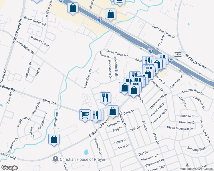 map of restaurants, bars, coffee shops, grocery stores, and more near 3420 Chisholm Trail in Killeen