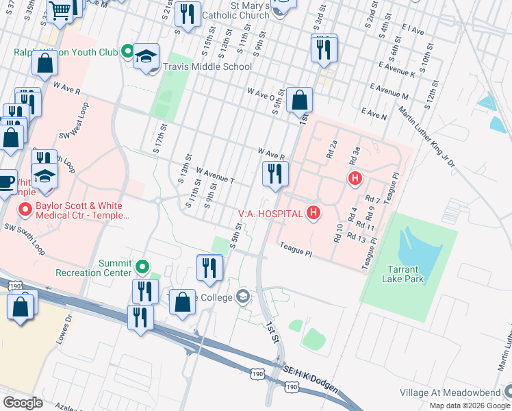 map of restaurants, bars, coffee shops, grocery stores, and more near 4 West Avenue U in Temple