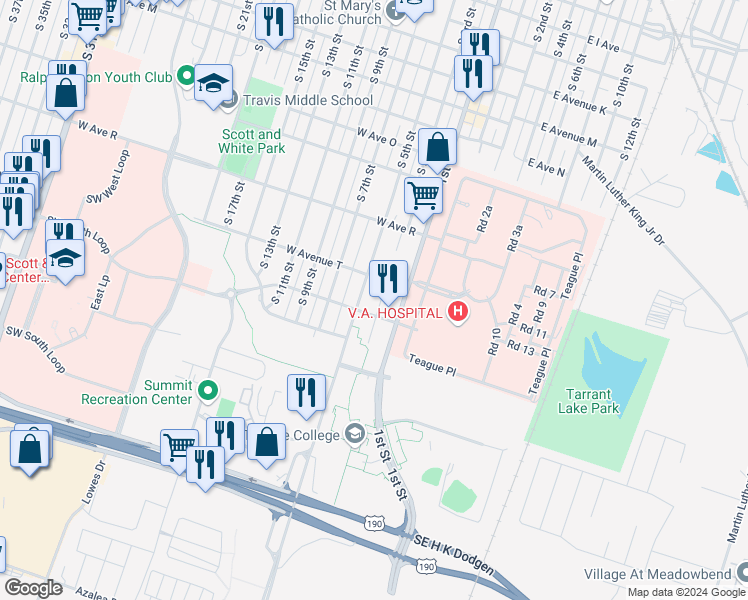map of restaurants, bars, coffee shops, grocery stores, and more near 4 West Avenue U in Temple