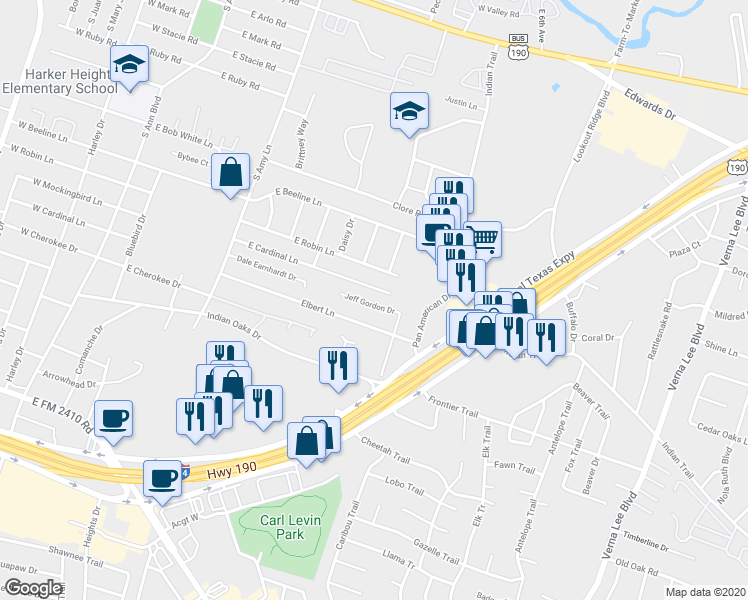 map of restaurants, bars, coffee shops, grocery stores, and more near 316 Jeff Gordon Drive in Harker Heights