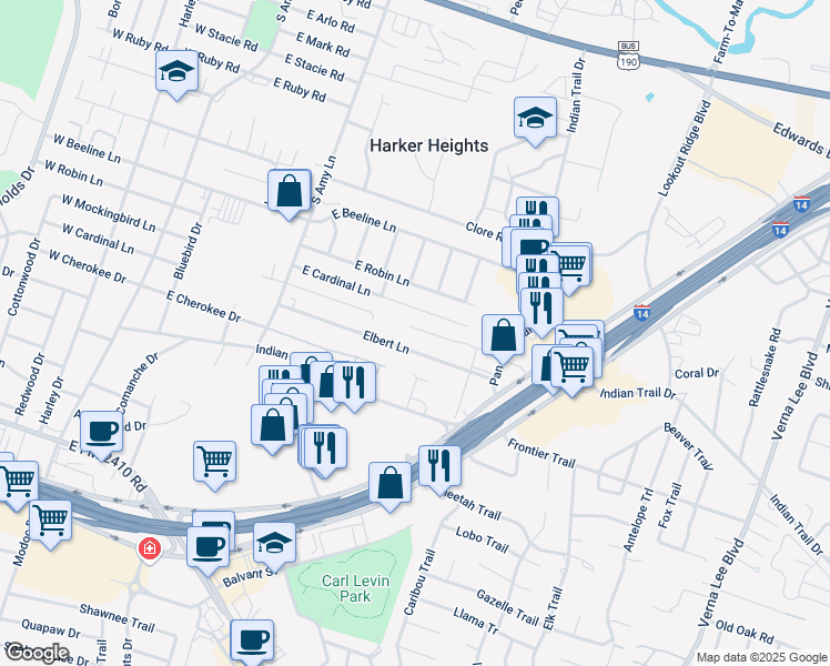 map of restaurants, bars, coffee shops, grocery stores, and more near 407 Elbert Lane in Harker Heights