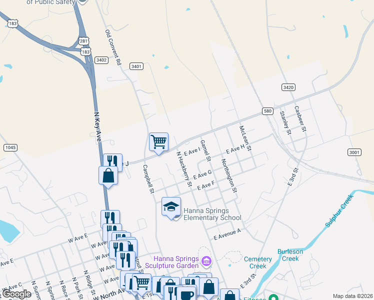 map of restaurants, bars, coffee shops, grocery stores, and more near 805 East Avenue I in Lampasas