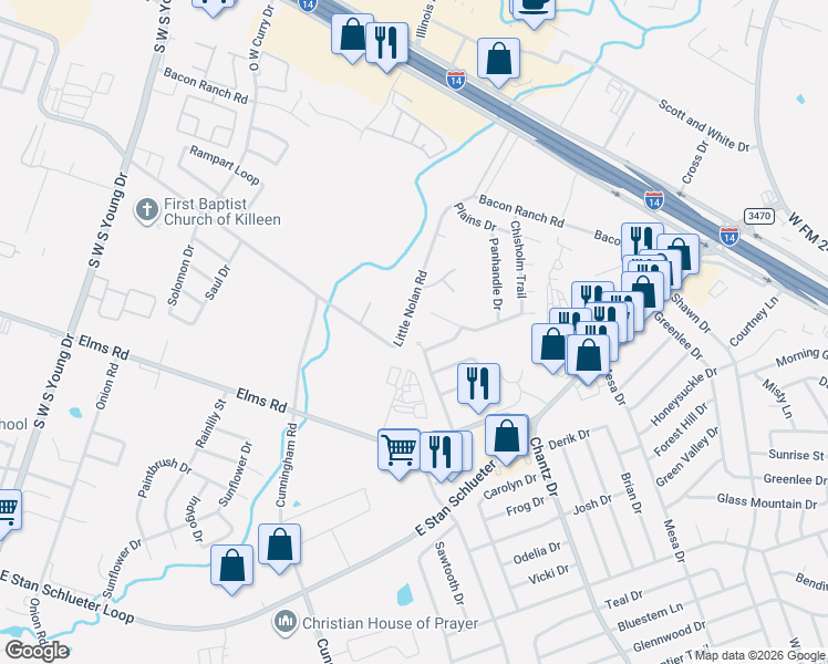 map of restaurants, bars, coffee shops, grocery stores, and more near 3405 Chisholm Trail in Killeen