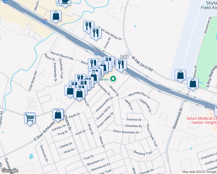 map of restaurants, bars, coffee shops, grocery stores, and more near 4206 Shawn Drive in Killeen