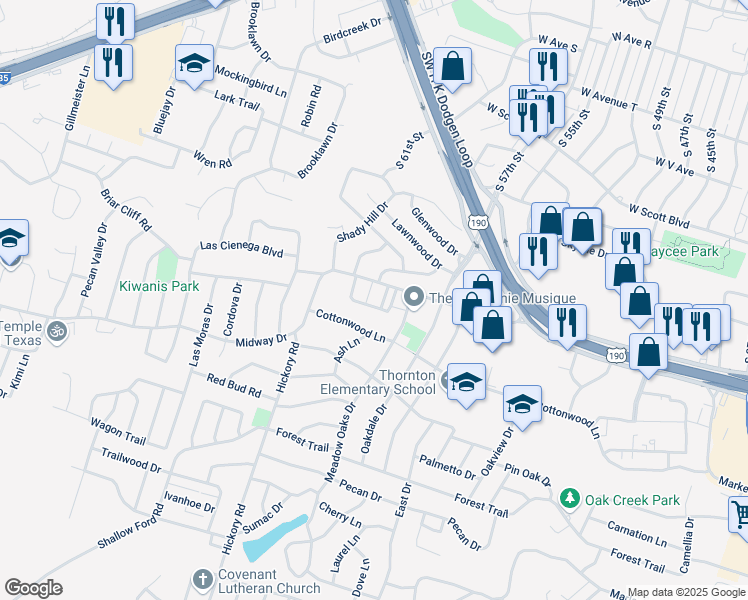 map of restaurants, bars, coffee shops, grocery stores, and more near 3302 Cottonwood Lane in Temple