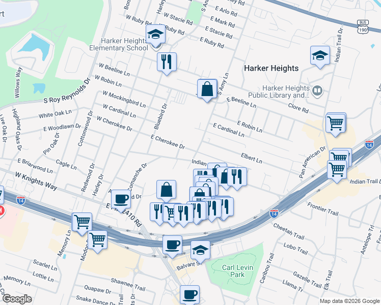 map of restaurants, bars, coffee shops, grocery stores, and more near 306 East Cherokee Drive in Harker Heights