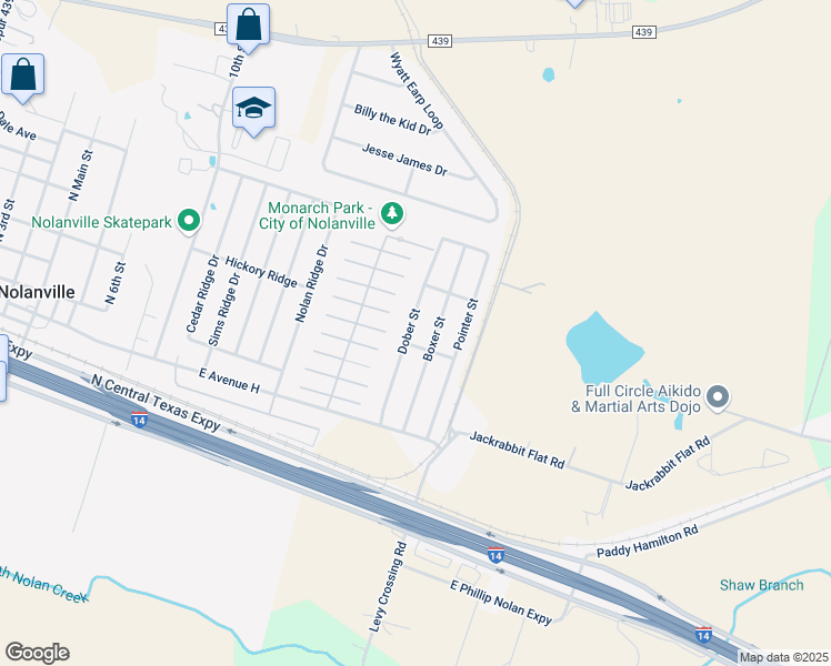 map of restaurants, bars, coffee shops, grocery stores, and more near 202 Dober Street in Nolanville