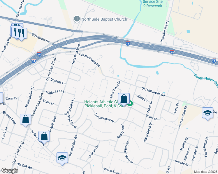 map of restaurants, bars, coffee shops, grocery stores, and more near 600 Man O War Drive in Harker Heights
