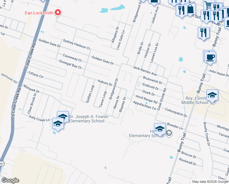 map of restaurants, bars, coffee shops, grocery stores, and more near 6112 Bridgewood Drive in Killeen