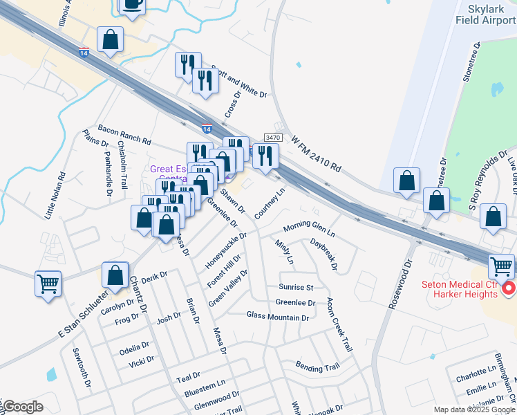map of restaurants, bars, coffee shops, grocery stores, and more near 3106 Courtney Lane in Killeen