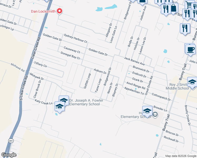 map of restaurants, bars, coffee shops, grocery stores, and more near 6209 Taree Loop in Killeen