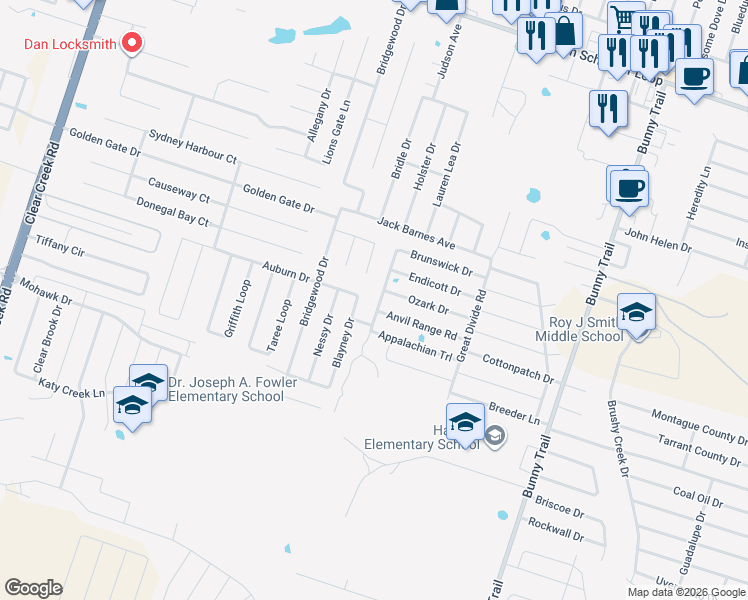 map of restaurants, bars, coffee shops, grocery stores, and more near 3910 Anvil Range Road in Killeen