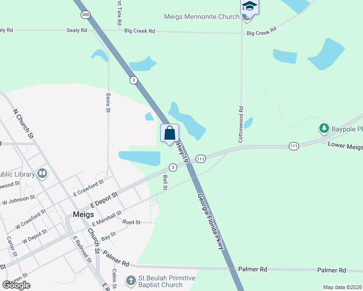 map of restaurants, bars, coffee shops, grocery stores, and more near U.S. Highway 19 in Meigs