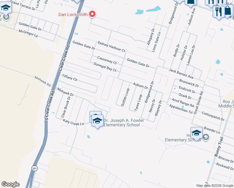 map of restaurants, bars, coffee shops, grocery stores, and more near 6610 Griffith Loop in Killeen