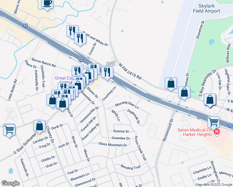map of restaurants, bars, coffee shops, grocery stores, and more near 3008 Honeysuckle Circle in Killeen