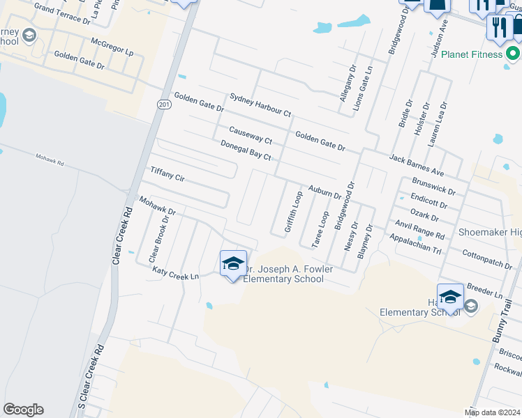 map of restaurants, bars, coffee shops, grocery stores, and more near 6602 Griffith Loop in Killeen