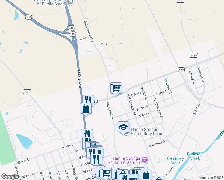 map of restaurants, bars, coffee shops, grocery stores, and more near 1101-1103 Old Convent Road in Lampasas