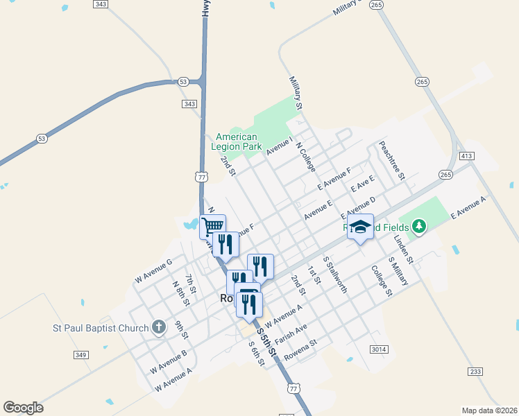 map of restaurants, bars, coffee shops, grocery stores, and more near 504 2nd Street in Rosebud