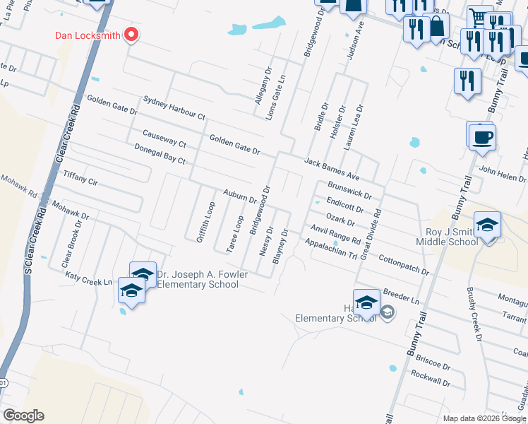 map of restaurants, bars, coffee shops, grocery stores, and more near 4309 Auburn Drive in Killeen