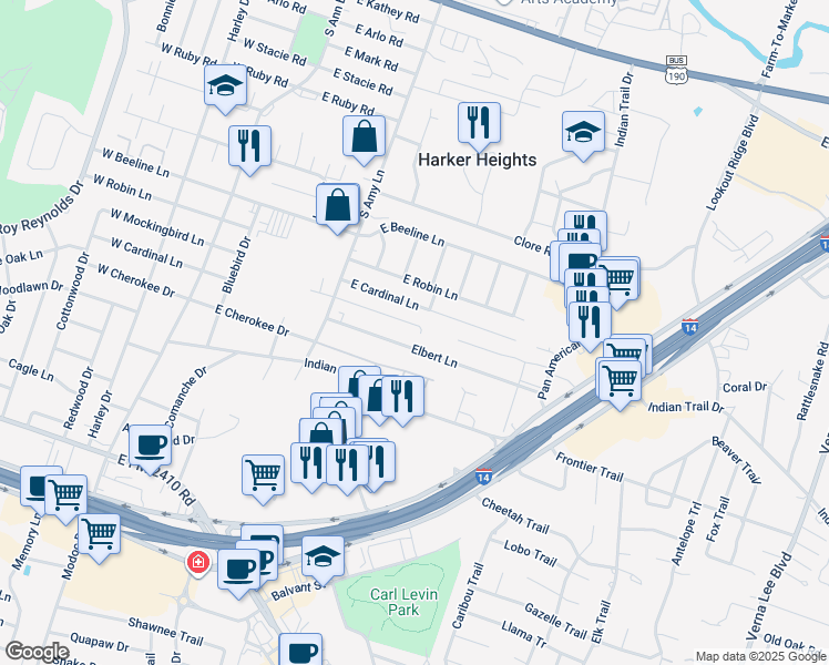 map of restaurants, bars, coffee shops, grocery stores, and more near 240 East Cardinal Lane in Harker Heights