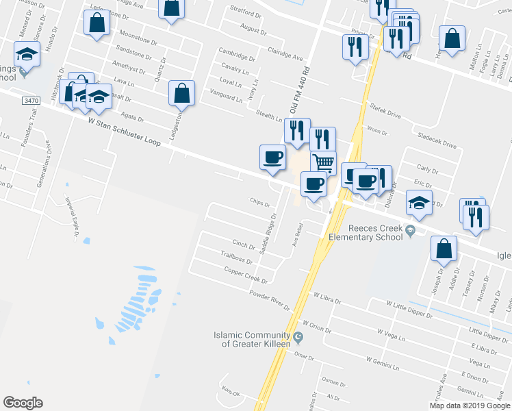 map of restaurants, bars, coffee shops, grocery stores, and more near 1403 Chips in Killeen