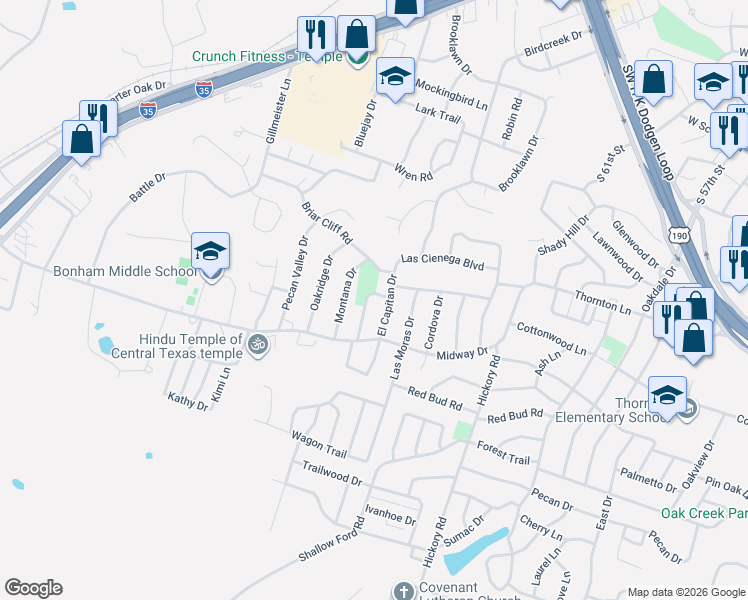 map of restaurants, bars, coffee shops, grocery stores, and more near 3002a El Capitan Drive in Temple