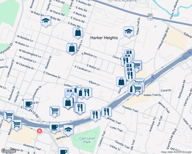 map of restaurants, bars, coffee shops, grocery stores, and more near 401 East Cardinal Lane in Harker Heights