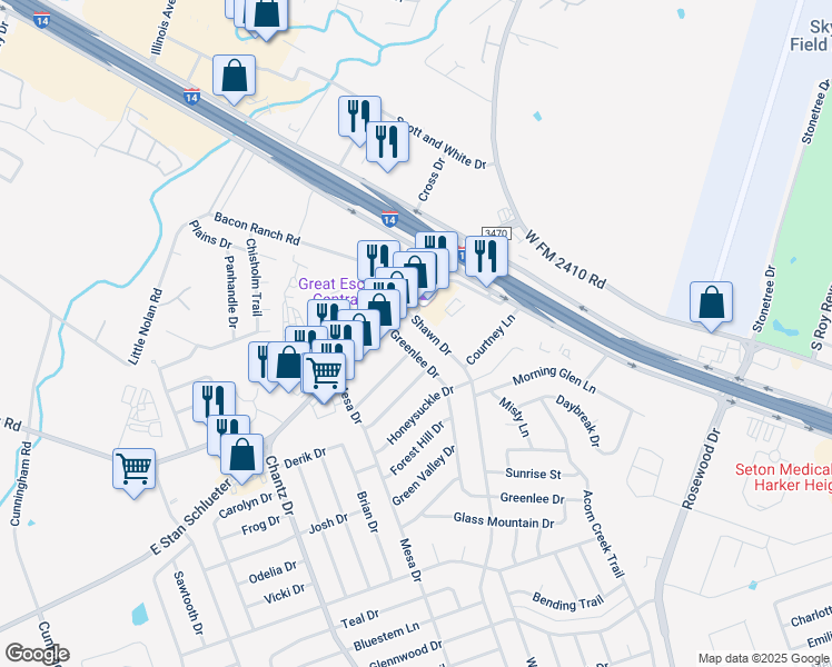 map of restaurants, bars, coffee shops, grocery stores, and more near 4204 East Stan Schlueter Loop in Killeen