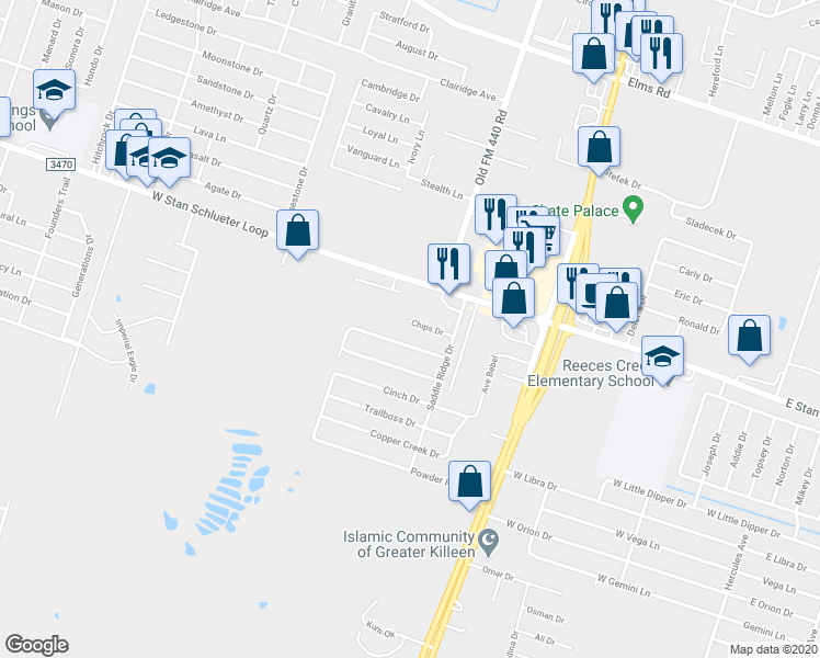 map of restaurants, bars, coffee shops, grocery stores, and more near 1403 Chips in Killeen