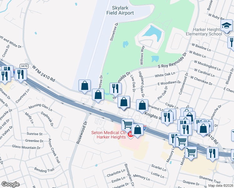 map of restaurants, bars, coffee shops, grocery stores, and more near 205 South Roy Reynolds Drive in Harker Heights