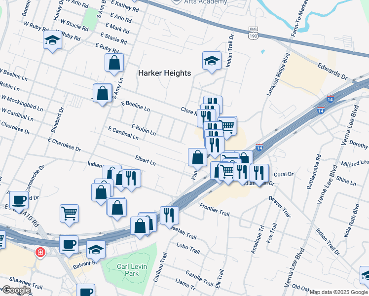 map of restaurants, bars, coffee shops, grocery stores, and more near 917 Rebecca Lane in Harker Heights
