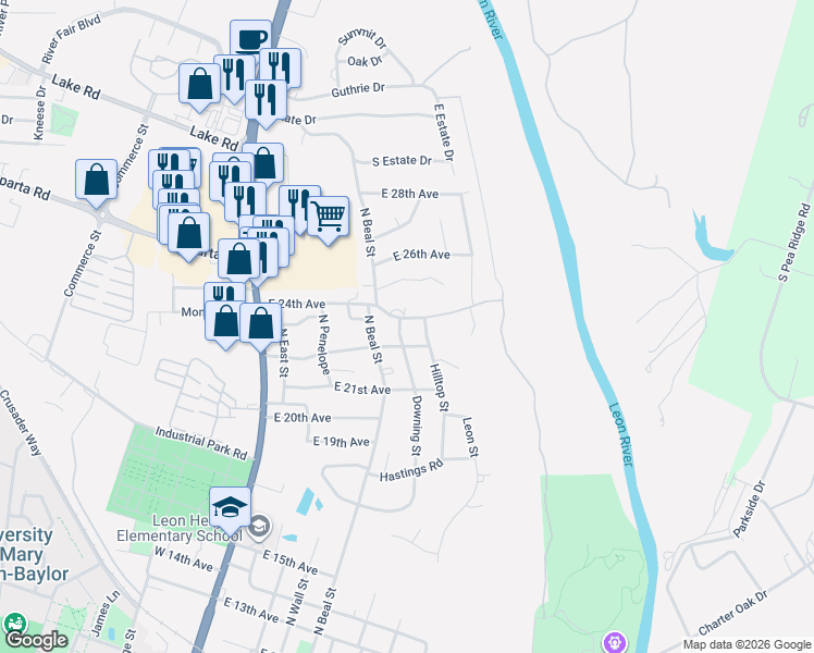 map of restaurants, bars, coffee shops, grocery stores, and more near 500 East 24th Avenue in Belton