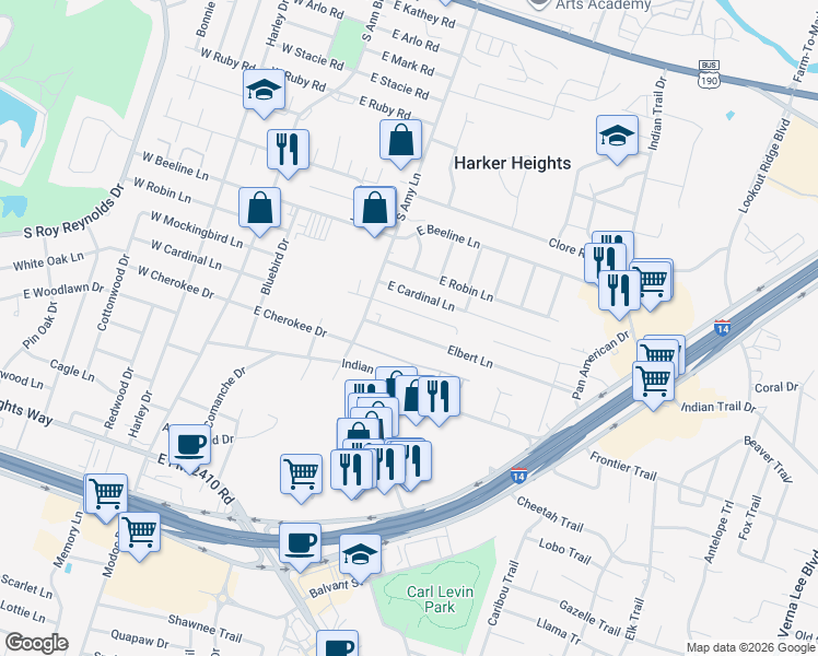 map of restaurants, bars, coffee shops, grocery stores, and more near 211 Dale Earnhardt Drive in Harker Heights