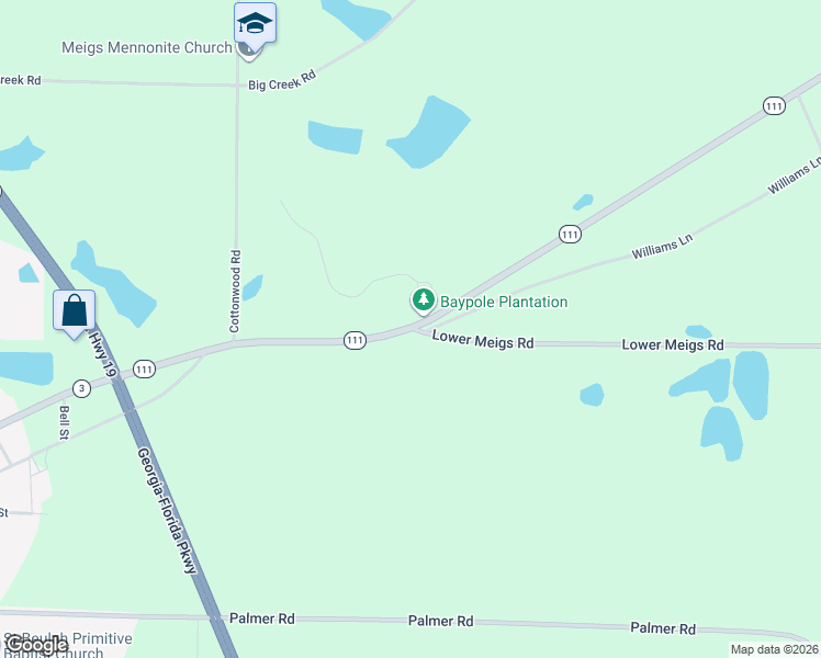 map of restaurants, bars, coffee shops, grocery stores, and more near 9597 Georgia 111 in Meigs