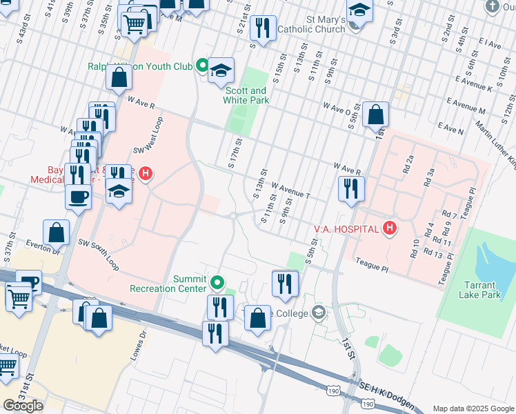map of restaurants, bars, coffee shops, grocery stores, and more near 2017 South 15th Street in Temple