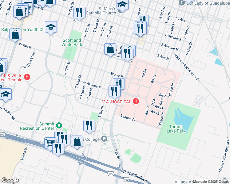 map of restaurants, bars, coffee shops, grocery stores, and more near 1902 South 1st Street in Temple