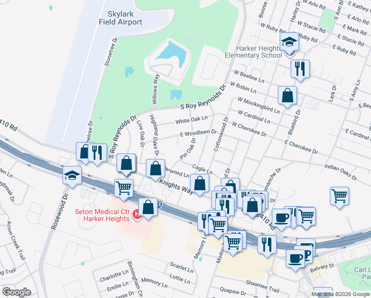 map of restaurants, bars, coffee shops, grocery stores, and more near 214 Pin Oak Drive in Harker Heights