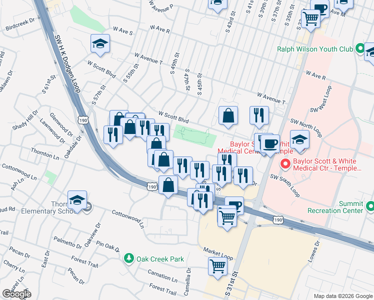 map of restaurants, bars, coffee shops, grocery stores, and more near 2602 South 39th Street in Temple