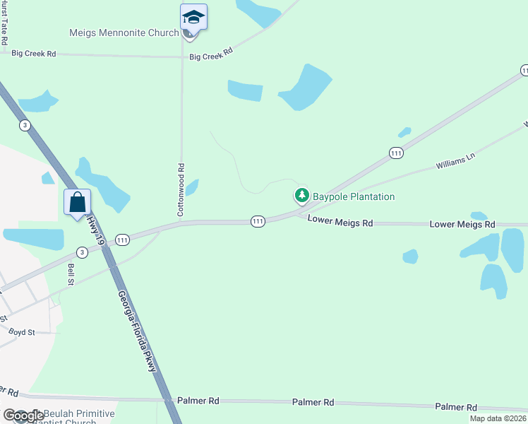 map of restaurants, bars, coffee shops, grocery stores, and more near 9597 Georgia 111 in Meigs