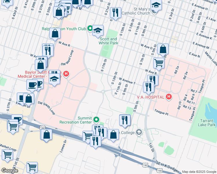 map of restaurants, bars, coffee shops, grocery stores, and more near 2017 South 15th Street in Temple