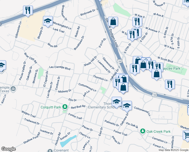 map of restaurants, bars, coffee shops, grocery stores, and more near 3310 Thornton Lane in Temple