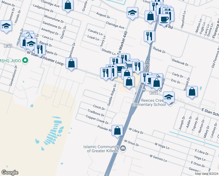 map of restaurants, bars, coffee shops, grocery stores, and more near 65 Saddle Ridge Drive in Killeen