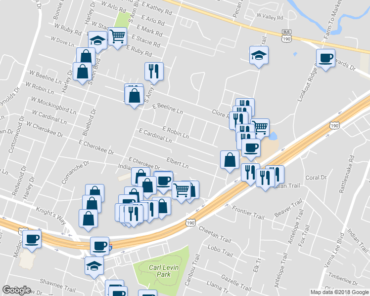 map of restaurants, bars, coffee shops, grocery stores, and more near 401 East Cardinal Lane in Harker Heights